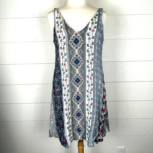 Blush Dress Womens Small Blue Mini Sleeveless V Neck Floral Aztec Fringe Casual